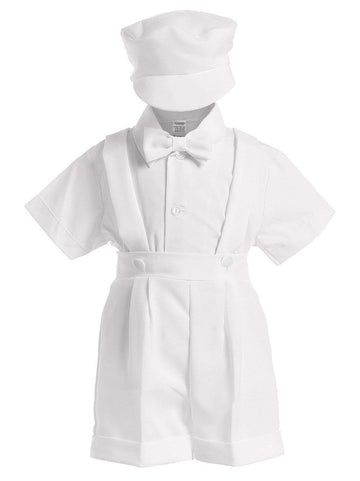 4-Piece Christening Baptism Suspender Short Set - White Cap Bowtie 4T