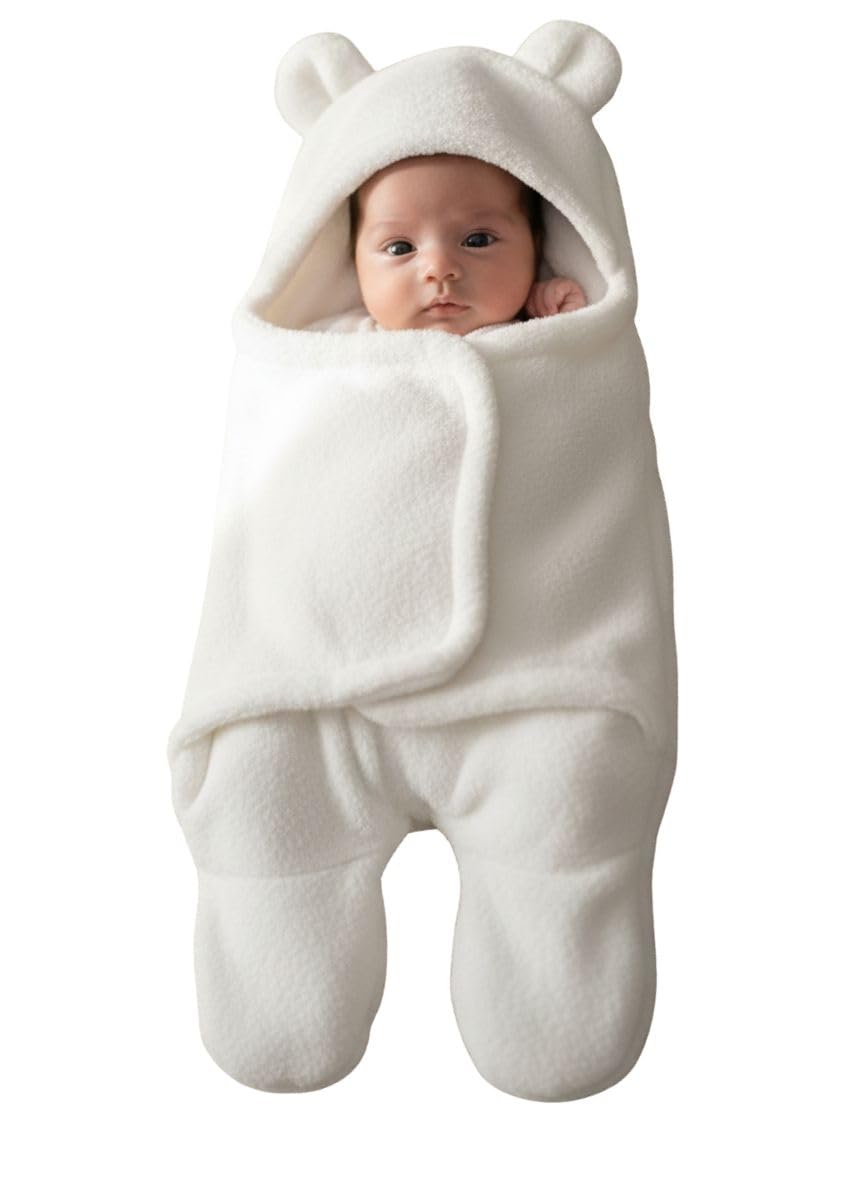 NAMAN 3in1 Hooded Baby Blanket Wrapper (White, Pack of 1) | Towel for Baby Boy and Girl | All Season Soft Swaddle for 06 Mont