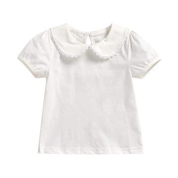 Modntoga Kids Baby Girl Long Sleeve Collar Shirt Toddler White Blouse Puff Short Sleeve T-Shirt Solid Color Basic Top Bottom (E(