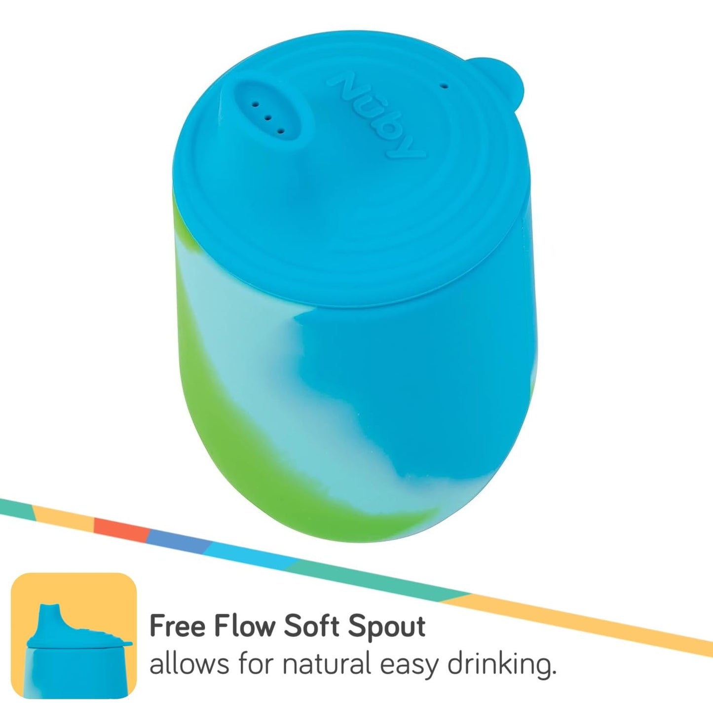 Nuby Silicone Tie-Dye First Training Cup With Free Flow Soft Spout - 6Oz, 6+ Months, Blue/Green