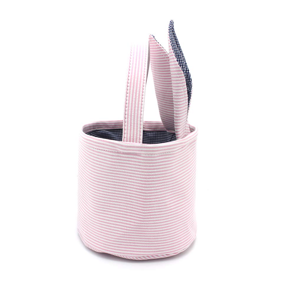 Easter Baskets Seersucker Easter Bunny Bag Bucket For Easter Egg Hunt Bunny Ears Design (Pink)