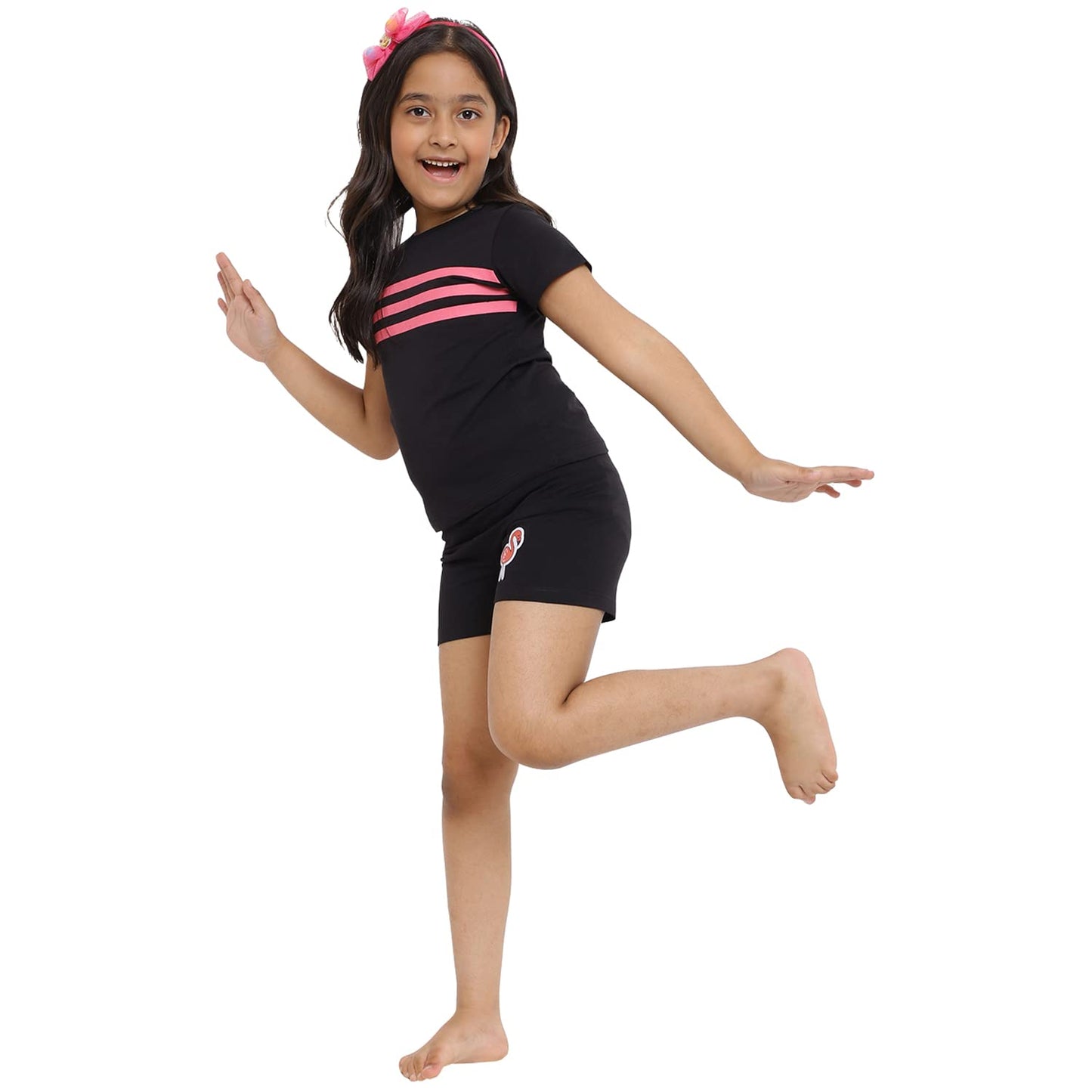 Tales & Stories Girls Black Cotton Stripes Night Suit Set41450223YBL