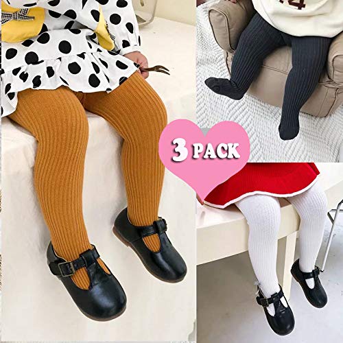 Cecorc Baby Tights - Thick Toddlers Girl Leggings- Cable Knit Cotton Stockings(3-4 Years, 3Pack (Black+White+Ginger))