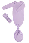 Newborn Baby Knotted Gown, Super Soft Silky Infant Long Sleeve Sleeper For Baby Girl And Boy Sleeping Bag With Hat Light Purple