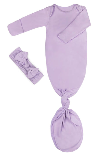 Newborn Baby Knotted Gown, Super Soft Silky Infant Long Sleeve Sleeper For Baby Girl And Boy Sleeping Bag With Hat Light Purple