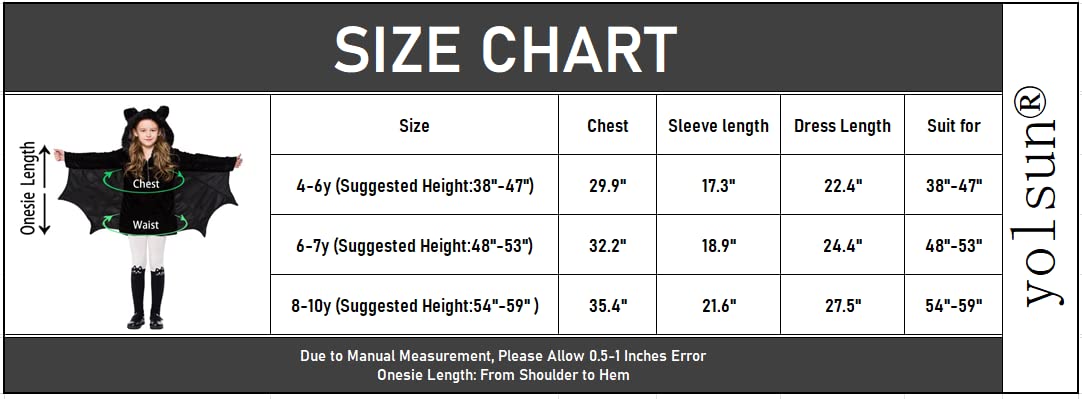 Yolsun Girls' Vampire Bat Costume, Halloween Animal Cute Dress Up (8-10Y(Suggested Height:54'-59' ), Black-1)