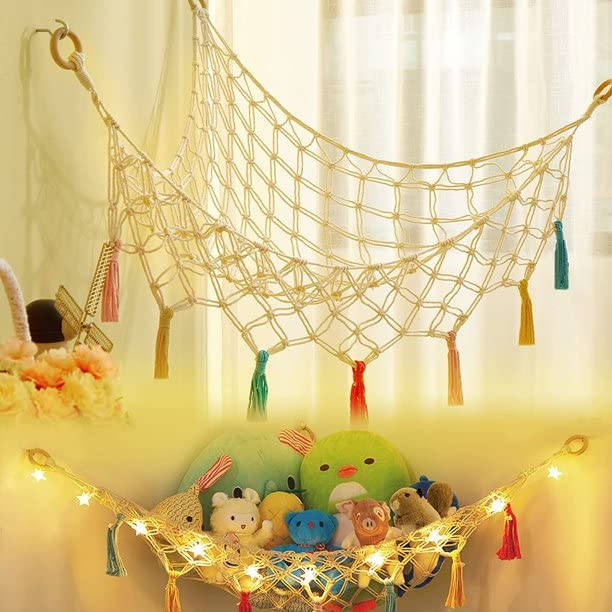 Zazzish House | Stuffed Animal Toy Hammock Hanging Macrame Toy Hammock with Tassels Organizer Storage Boho Large Corner Plush T