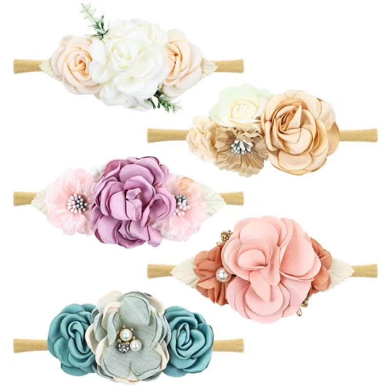Cinaci 5 Pieces Super Stretchy Soft Nylon Flower Headbands Pearl Floral Tiaras Crowns Hairbands Hair Accessories For Baby Girls