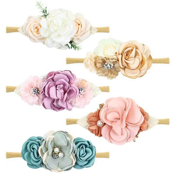 Cinaci 5 Pieces Super Stretchy Soft Nylon Flower Headbands Pearl Floral Tiaras Crowns Hairbands Hair Accessories For Baby Girls