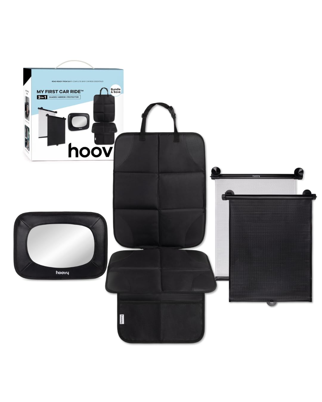Hoovy My First Car Ride 3-in-1 Baby Car Essentials Bundle, Roller Sun Shades, Rear-Facing Mirror, and Seat Protector