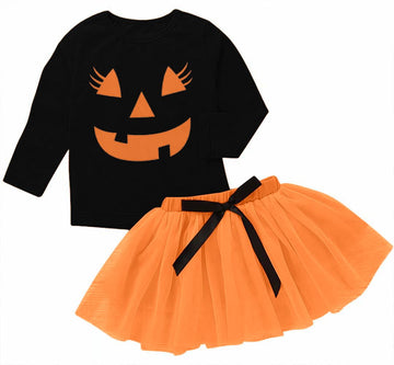 2Pcs Halloween Toddler Baby Girl Smile Pumpkin Tops+Tutu Tulle Skirt Outfits Long Sleeve Clothes