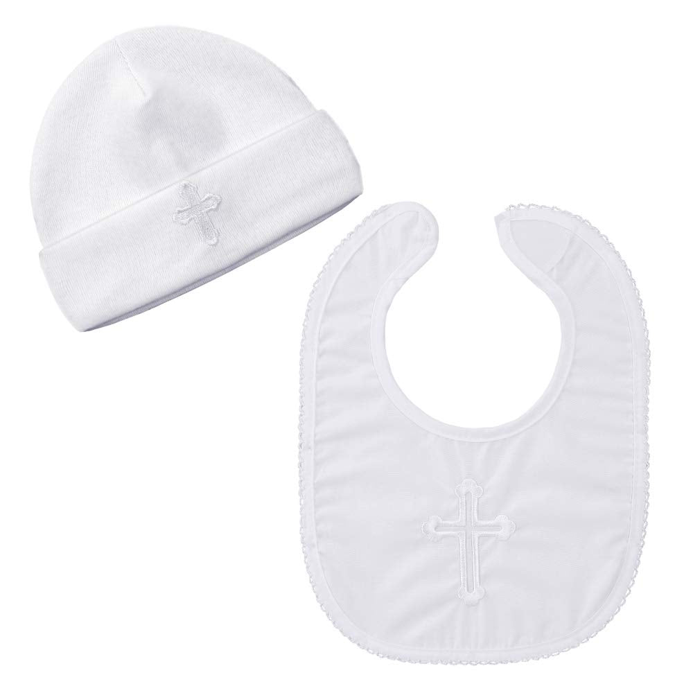Estamico Baby Boys Christening Bib And Hat With Embroidered Cross Newborn Infant Baptism Outfit Gifts, 3-6 Months