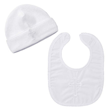Estamico Baby Boys Christening Bib And Hat With Embroidered Cross Newborn Infant Baptism Outfit Gifts, 3-6 Months