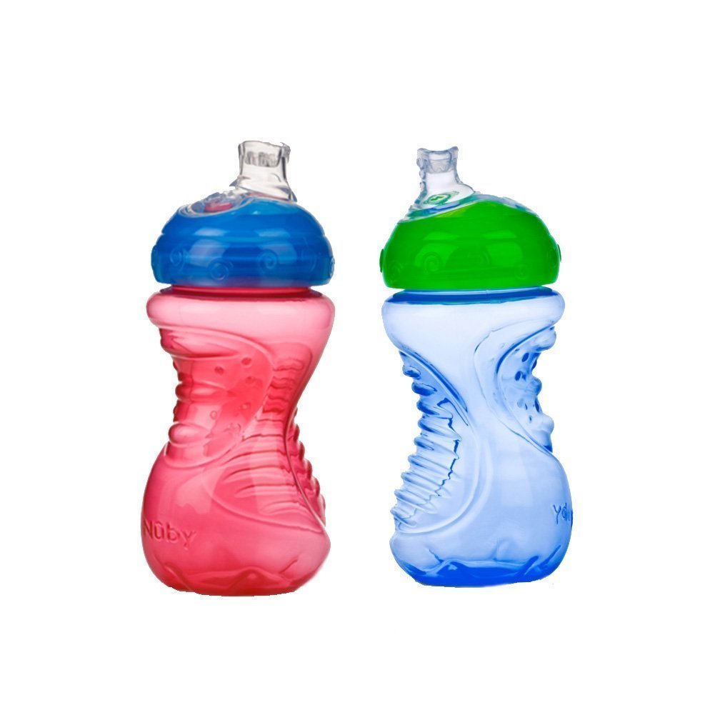 Nuby 2-Pack No-Spill Super Spout Easy Grip Cup, 10 Ounce, 6 Months +, Red and Blue
