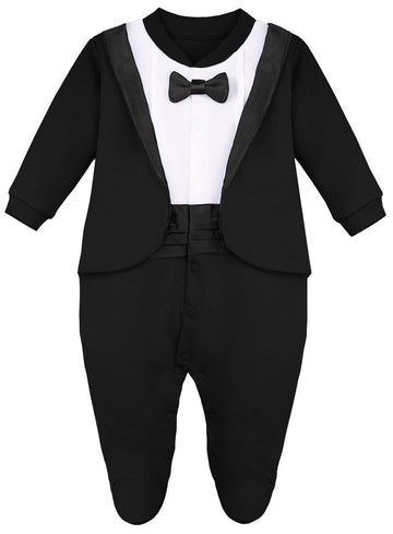 Lilax Baby Boy Gentleman Tuxedo Footie Christmas Holiday Outfit With Bow Tie (3 Months, Black)