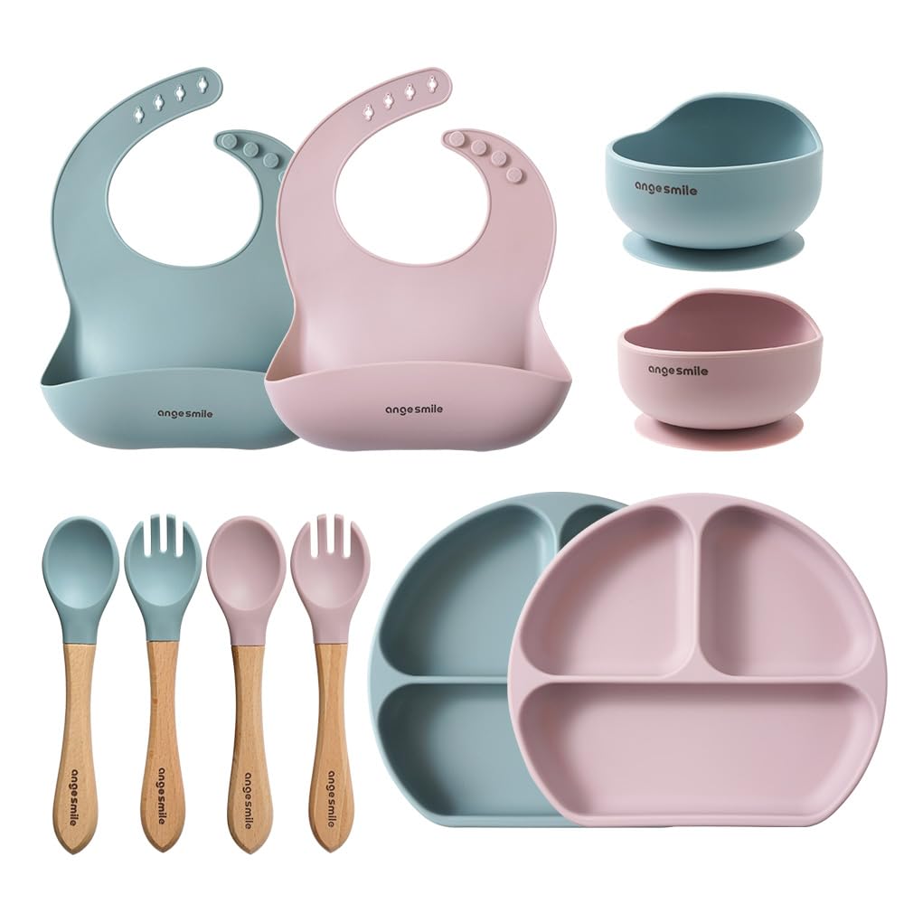 Baby Feeding Essentials Silicone Ange Smile 12 Set Bib, Baby Bowl, Suction Plate, Spoon, Fork Eating Utensils for 6+ Months Kids