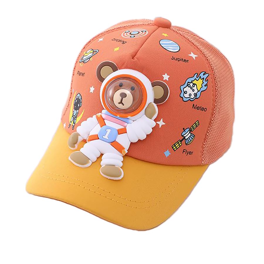 Bold N Elegant 3D Bear Astronaut Stylish Cartoon Cotton Summer Sun Cap Hat With Visor For Boys And Girls 4 To 15 Years (OrangeY