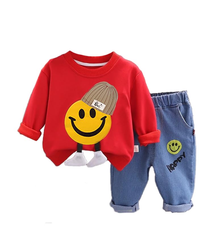 Bold N Elegant KidS Full Sleeve TShirt With 3D Smiley Cartoon Toy And Denim Jogger Pant Classy Party Clothing Set For Infant T