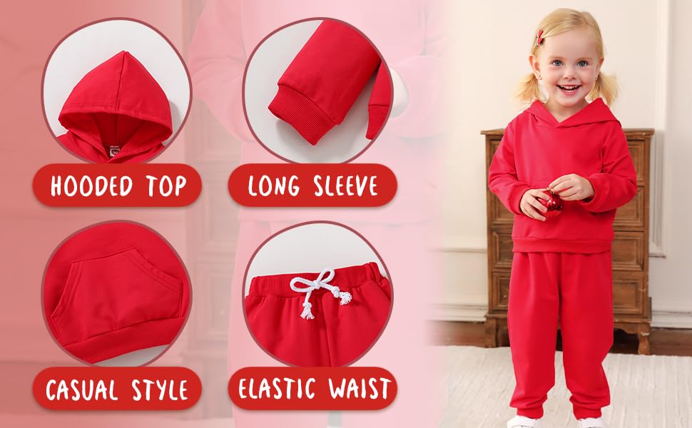 Happy Town Toddler Fall Outfits For Girl Boy Long Sleeve Hoodie Top And Long Sweatpants Set Toddler Sweatsuit (Solid Color-Red,
