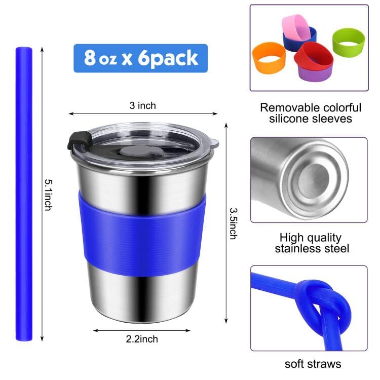 Shineme Toddler Cups With Straws Spill Proof 6Pack, 8Oz Small Stainless Steel No Spill Sippy Cup, Unbreakable Kids Cups With Lid