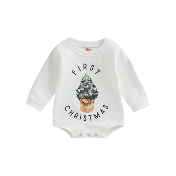 Kuriozud Newborn Baby Boy Girl First Christmas Outfit Cute Tree Sweatshirt Romper Oversized Sweater Tops Fall Winter Clothes (Fi