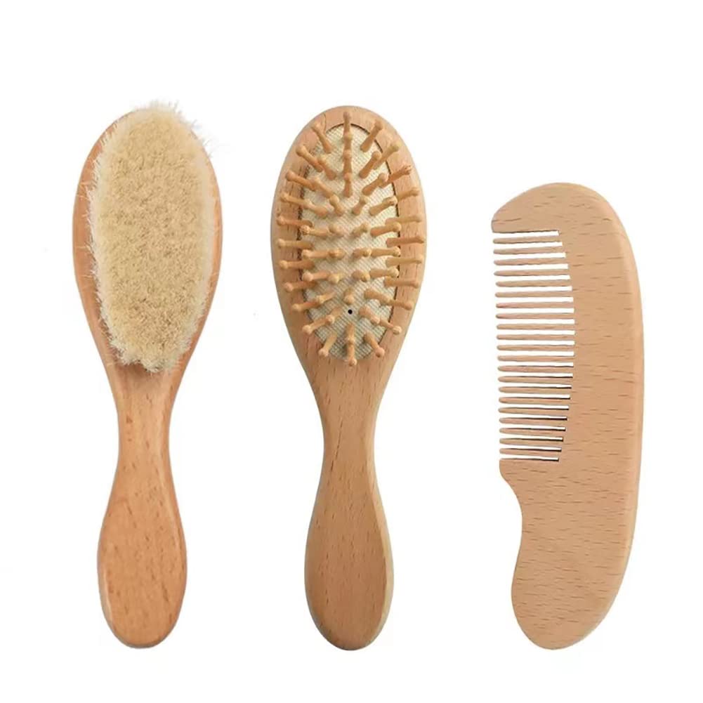 PandaEar Baby Hair Brush and Comb Set for Newborn| Natural Wooden Hairbrush with Soft Goat Bristles, Pear Wood Comb and Wooden M