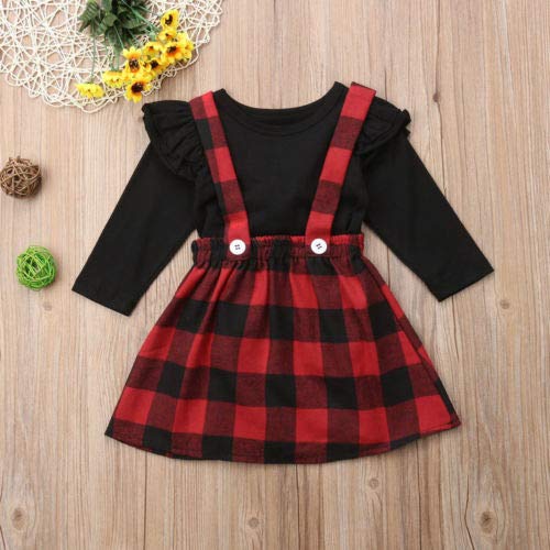 Mubineo Toddler Baby Girl Infant Plain T Shirts Plaid Overall Skirt Set Cotton Outfits (Black+Red, 2-3T)