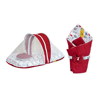 Little Chime Baby Wrapper and Mosquito Protection Bed Combo (Red) | Soft Cotton Baby Wrap + Foldable Mosquito Net Bed for Newbor