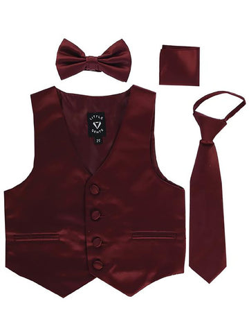 Burgundy Infant Boys 4 Piece Formal Satin Vest Set Zipper Tie Bowtie Hanky 6-12 Months