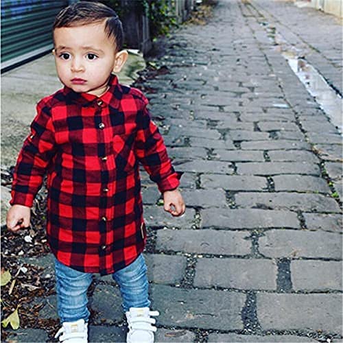 Furemos Toddler Boy Clothes Plaid Boys Long Sleeve Shirt Red Flannel Tops Boys Christmas Outfits(1-2T) Red