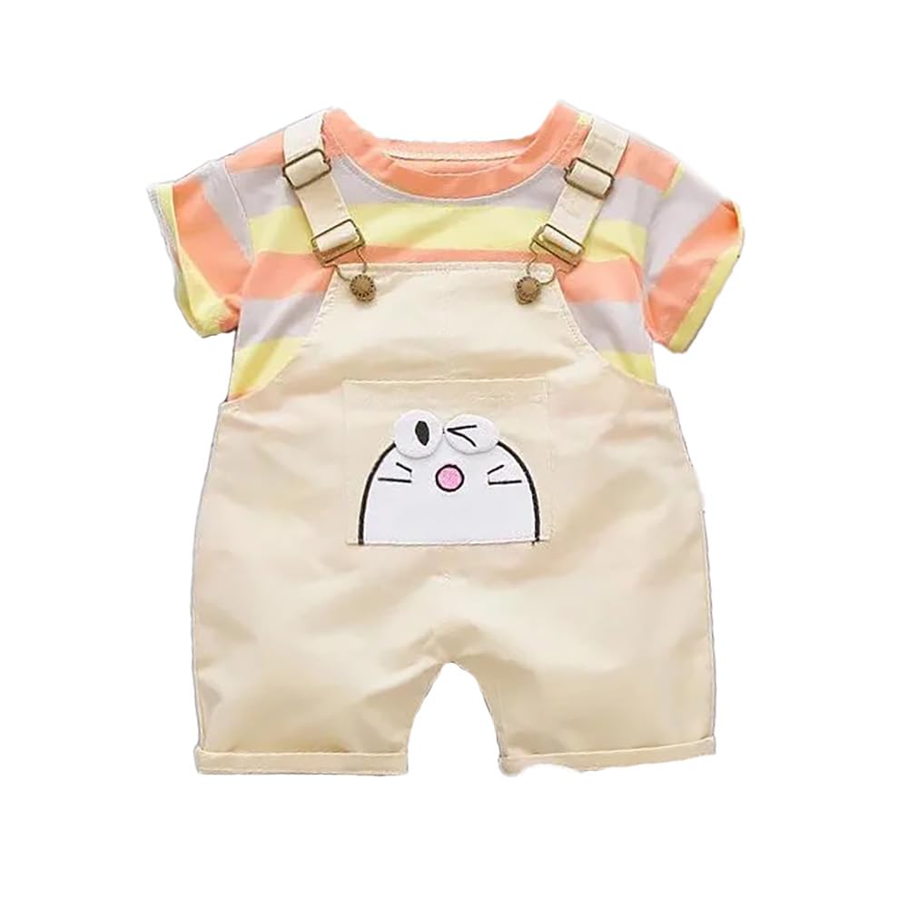Bold N Elegant Kids Cartoon Print Half Sleeve Tshirt With Dungaree Shorts Summer Party Outfit For Infant Toddler Boys N Girls (B