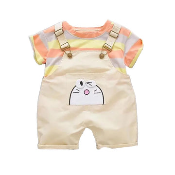 Bold N Elegant Kids Cartoon Print Half Sleeve Tshirt With Dungaree Shorts Summer Party Outfit For Infant Toddler Boys N Girls (B