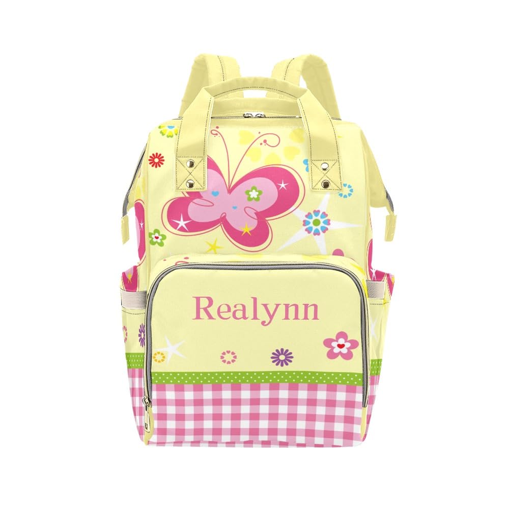 YallLocoMo Personalized Diaper Bag Backpack Name Butterfly Pink Plaid Garden Functional Waterproof Bag: Gift for Moms, Dads