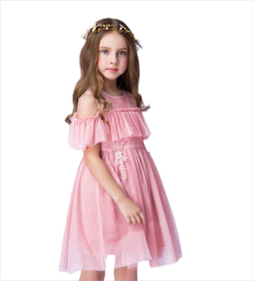 Little Flower Girl Wedding Party Dress Cold Shoulder Princess Pink Tutu Tulle Birthday Halloween Christams Dress 6-7 Years