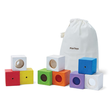 PlanToys Wooden 9 Piece Sensory Activity Blocks Learning & Development Toy (5531) | Sustainably Made from Rubberwood and Non-Tox