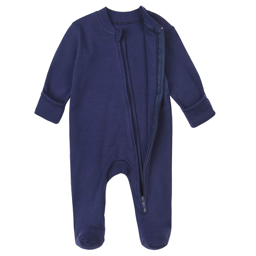 Baby Footed Pajamas With Mitten Cuffs - Unisex Infant Double Ways Zipper Cotton Footie Pjs Sleep  'N Play Jammies (Navy, 0-3Mos)