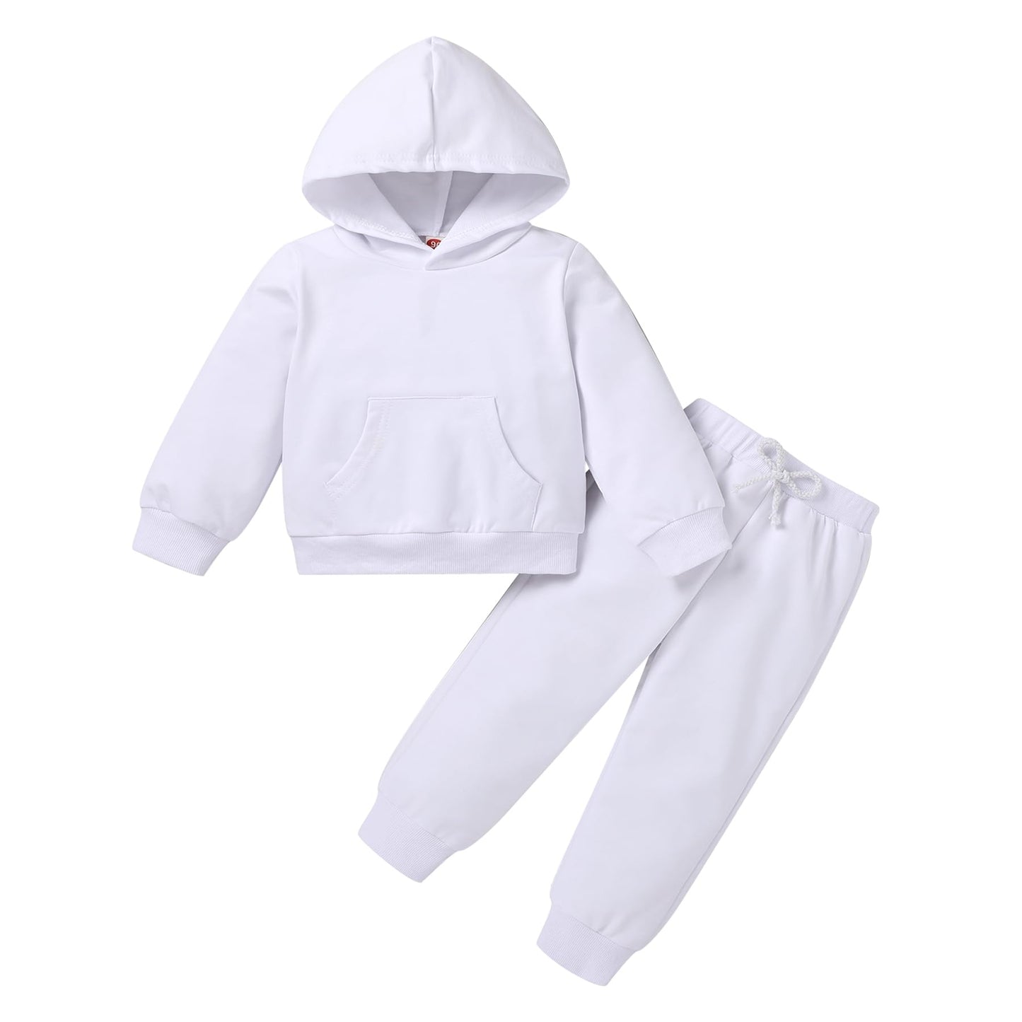 Happy Town Toddler Fall Outfits For Girl Boy Long Sleeve Hoodie Top And Long Sweatpants Set Toddler Sweatsuit (Solid Color-White