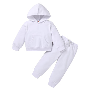 Happy Town Toddler Fall Outfits For Girl Boy Long Sleeve Hoodie Top And Long Sweatpants Set Toddler Sweatsuit (Solid Color-White