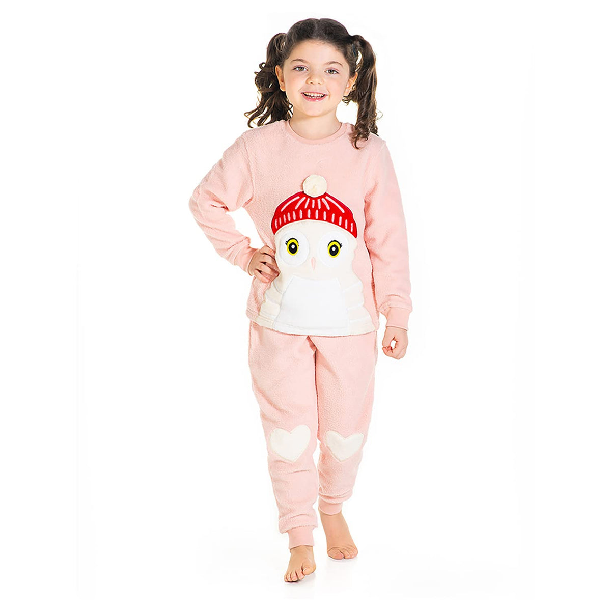 Cherry Crumble Peach Solid Applique Polar Fleece Cotton Blend Full Sleeves Girls Casual Owl Winter Warm Sleepwear/Pj Set/Pyjama 