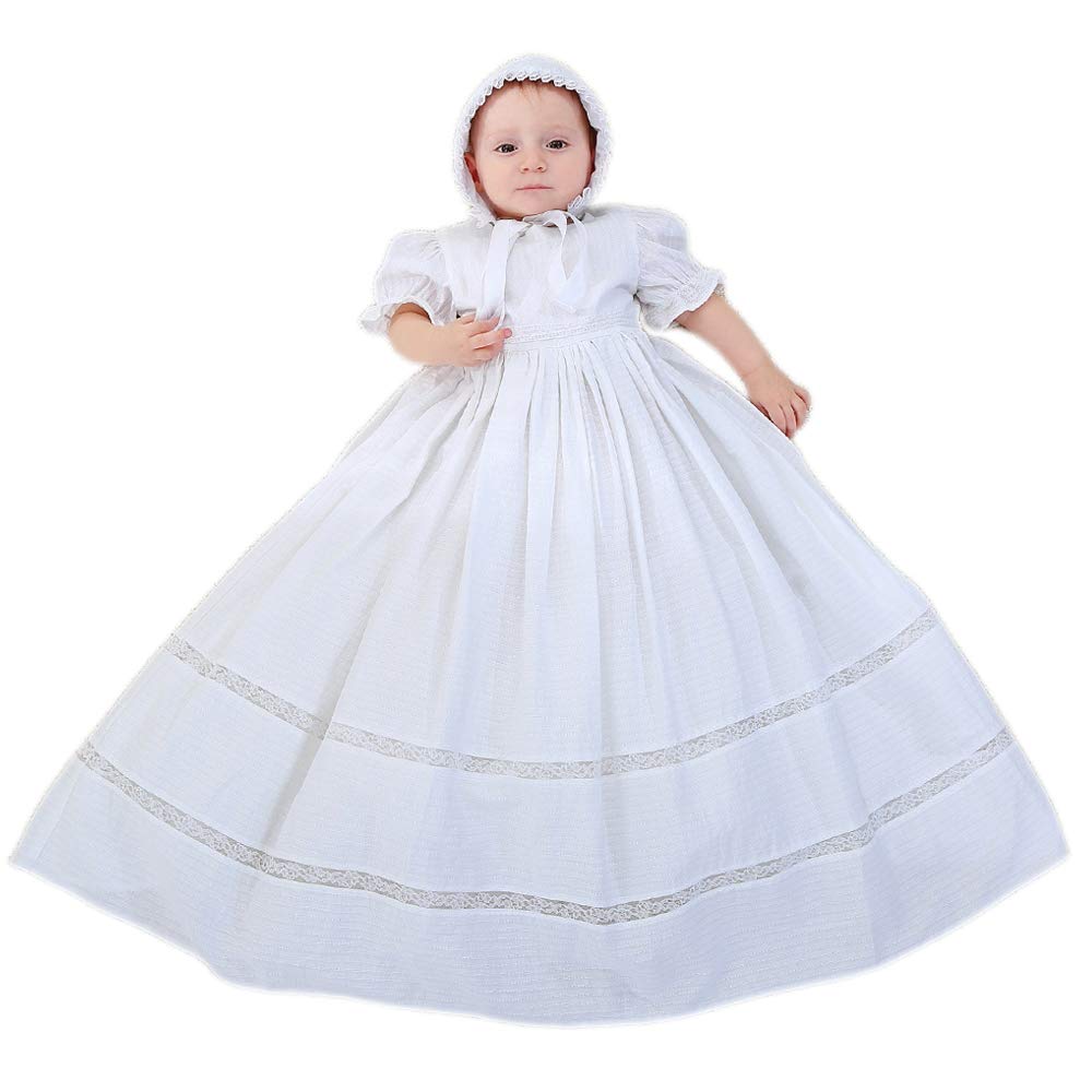 Niubao Baby Girls Baptism Delicate Cotton Dress Gown With Bonnet For 0-15 Months (6-9M, White)
