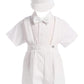 White Christening Baptism Suspenders And Short Set With Hat Size 3T