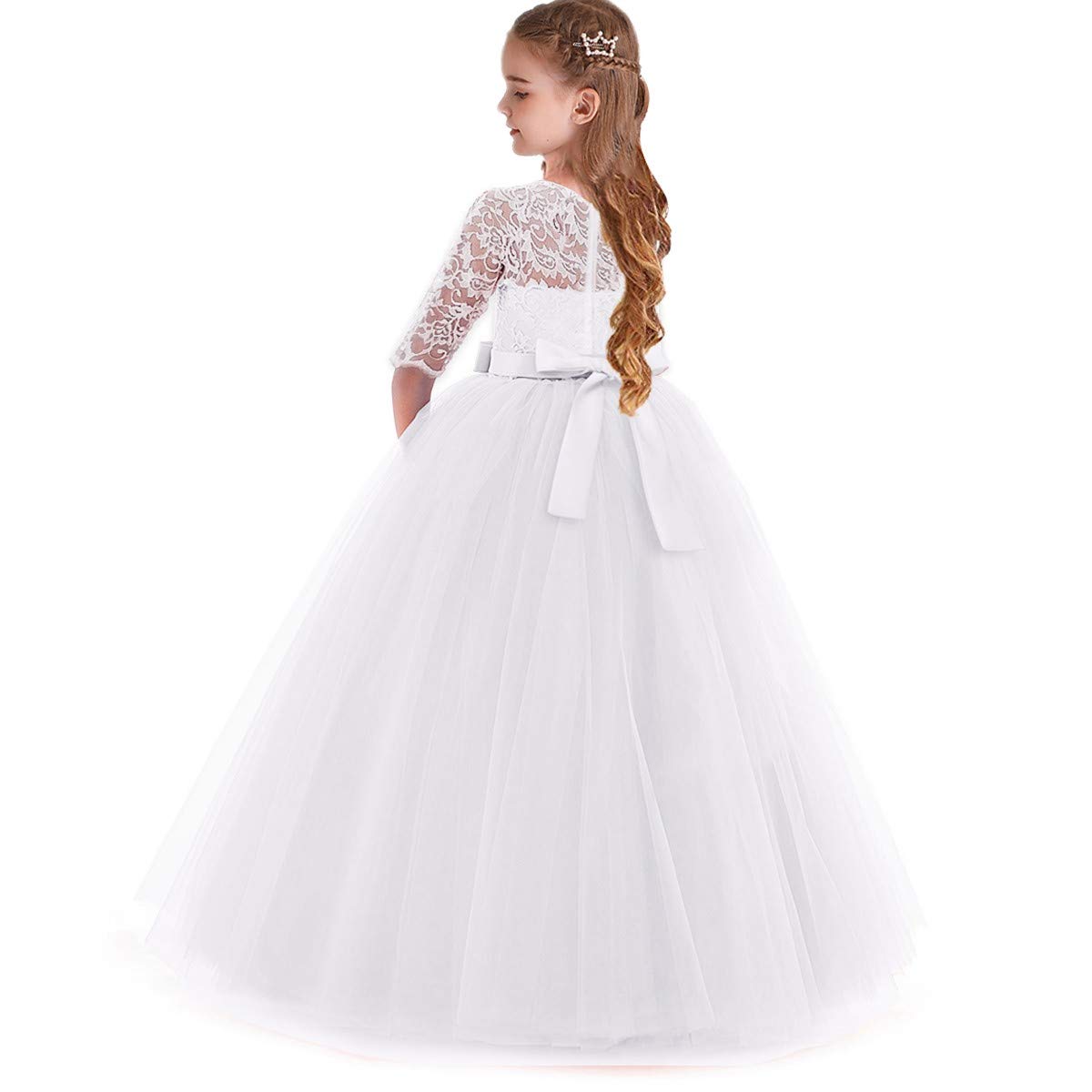 Myrisam Flower Girls 3/4 Sleeve Tulle Lace First Communion Dress Birthday Christening Pageant Wedding Party Ball Gown White 9-10
