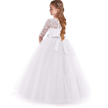 Myrisam Flower Girls 3/4 Sleeve Tulle Lace First Communion Dress Birthday Christening Pageant Wedding Party Ball Gown White 9-10