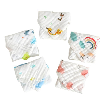 Syga Pack Of 5 Baby Napkin SixLayer Gauze 30 * 30 Printed Design Square Scarf Five Baby Small Square Scarf