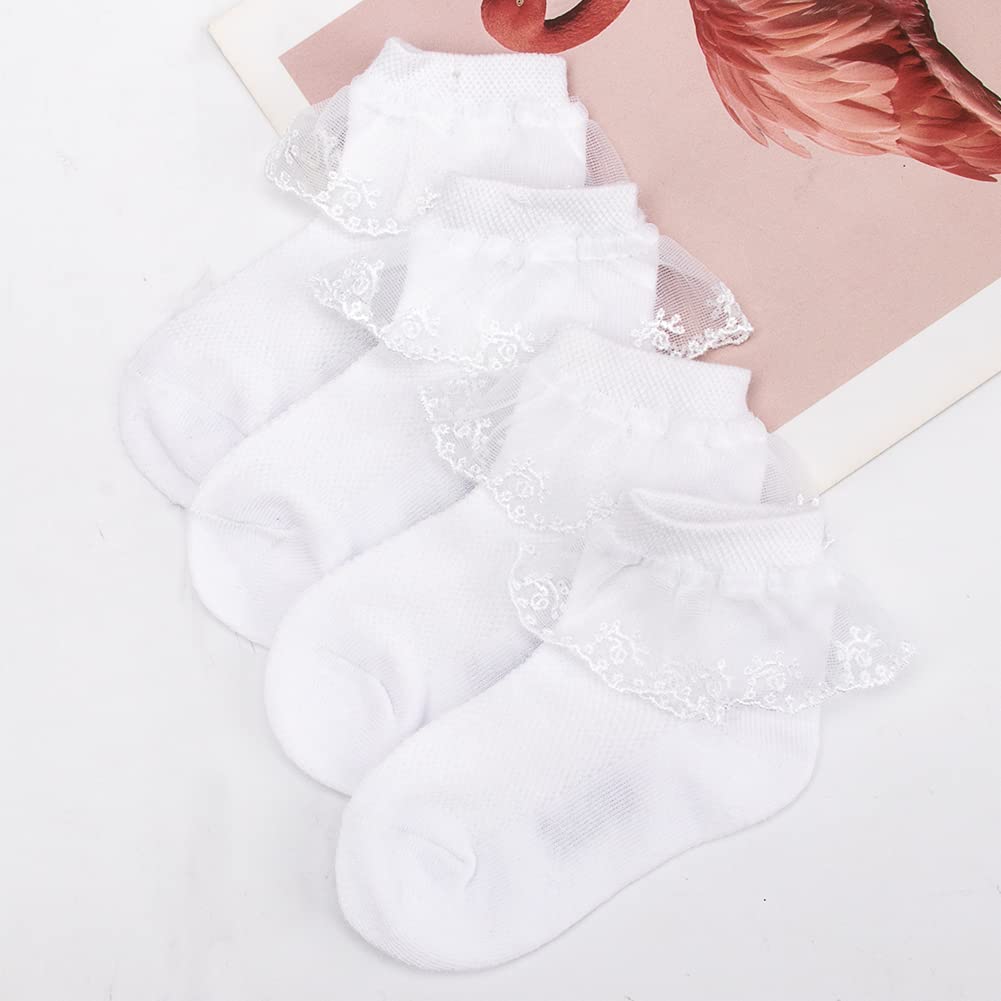 4 Pairs Toddler Baby Girls Lace Princess Socks Cotton Ruffled Solid Ankle Socks White 5-8T