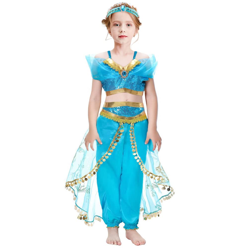 Girls Jasmine Costume Arabian Princess Jasmine Cosplay Costume With Headband Accessories Halloween Party Dress Up Costume For Ki