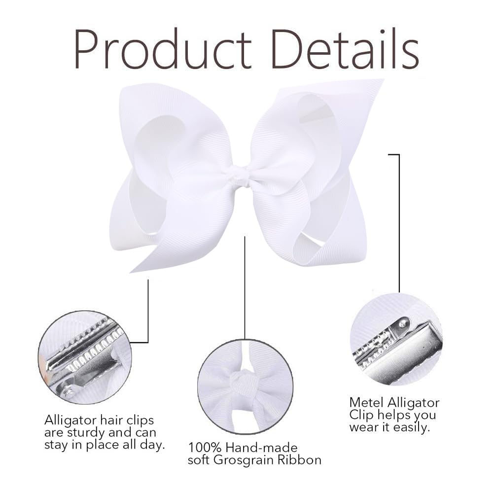 Oaoleer Big Hair Bows For Girls 12 Pcs 6' White Grosgrain Ribbon Large Boutique Bow Alligator Clips Hair Accessories For Toddle