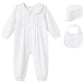 Pureborn Baby Boys Baptism Romper With Bonnet And Bib Long Sleeve Jumpsuit Christening Outfit 3 Pcs One-Piece Coverall White 9-1