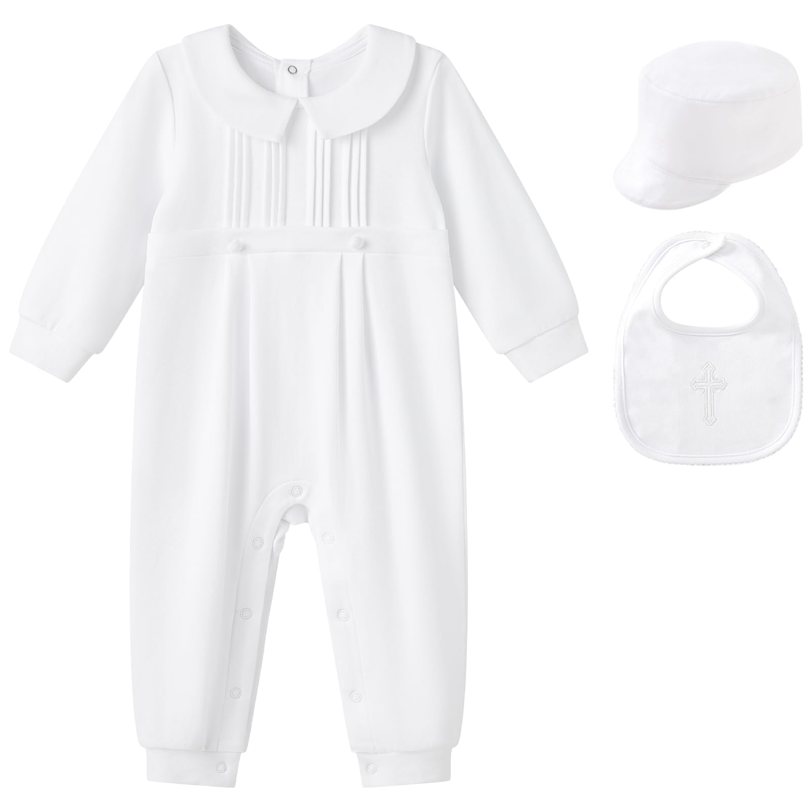 Pureborn Baby Boys Baptism Romper With Bonnet And Bib Long Sleeve Jumpsuit Christening Outfit 3 Pcs One-Piece Coverall White 9-1