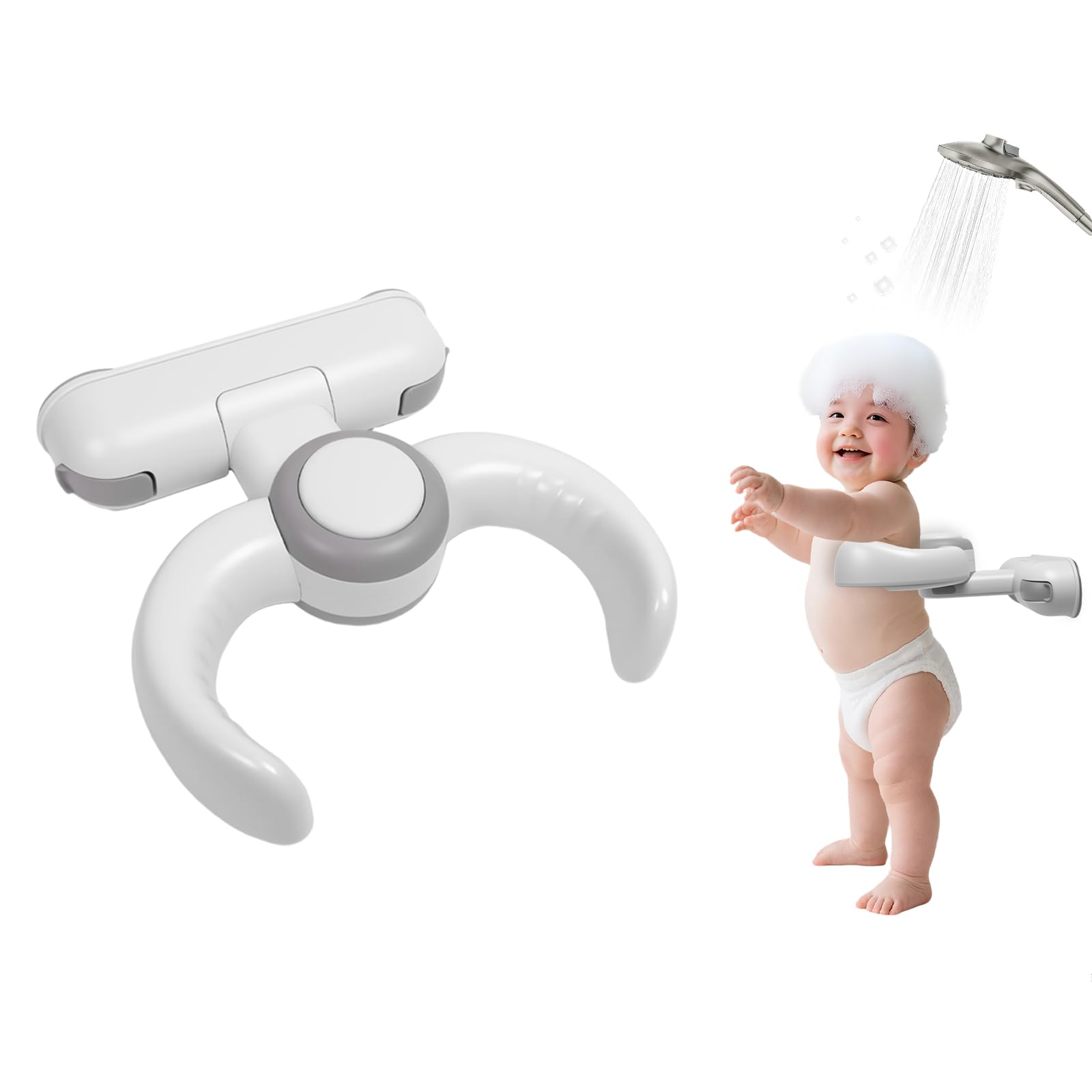 GrnPeak Baby Shower Stand, No-Drill Bath Support with Strong Suction Cups, Adjustable Foldable Baby Bath Helper for Toddler Stan